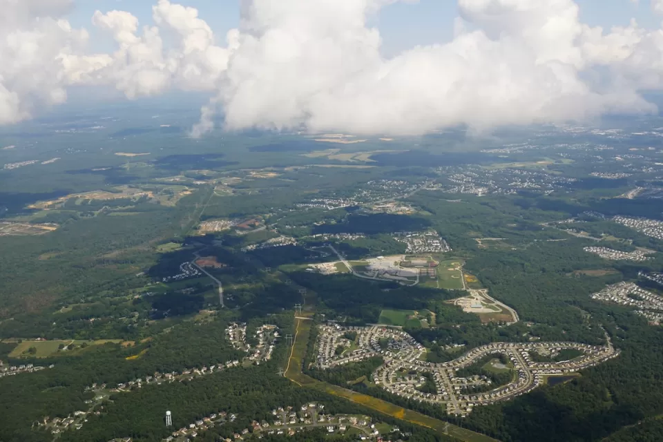 Aerial view of Arlington County, Virginia from an airplane.